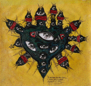 Guy Harloff_Je voudrais voir mon coeur (i disegni dopo l'infarto)_1975_collage e inchiostri su carta_cm 21x22_Collezione privata